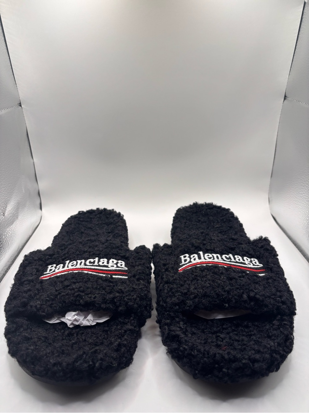 Balenciaga Black Fuzzy Logo Slide Slippers